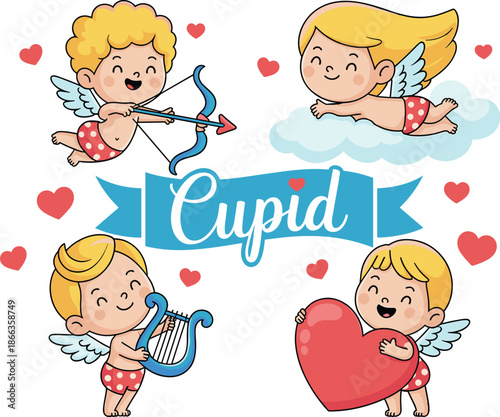 Cute cartoon Cupid characters collection flying with bow and arrow playing lyre holding heart adorable winged baby angel illustrations for Valentines Day holiday celebration romantic concepts love and