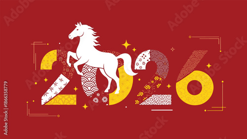 Festive 2026 Lunar Chinese New Year design with a dynamic horse and traditional patterns, celebrating the Year of the Horse