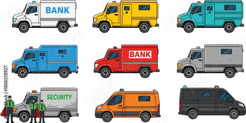 Armored security vehicle collection, bank transport trucks, law enforcement vans, personnel scene, black white set, cad drawing flat vector illustration