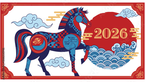 Vibrant stylized horse art celebrating the auspicious 2026 Lunar Chinese New Year with traditional cultural motifs and festive blessings