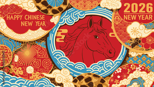 Decorative artwork for Lunar Chinese New Year 2026, showcasing the zodiac horse amidst vibrant oriental patterns and festive wishes