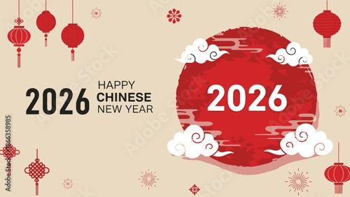Vibrant graphic art for Lunar Chinese New Year 2026 celebrations, featuring traditional lanterns and festive cloud motifs
