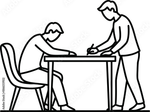 Two people collaborating or learning together at a desk in a simple line art illustration