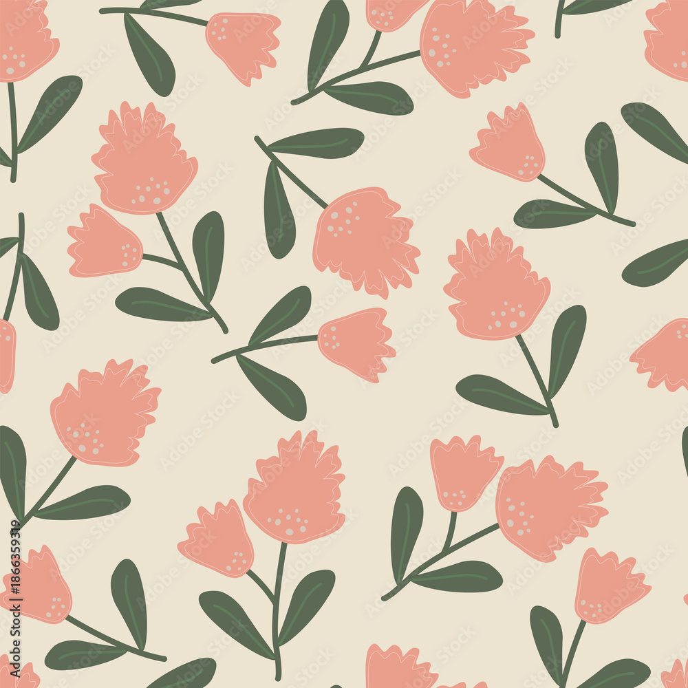 Fototapeta premium Cute floral seamless pattern with flowers and branches. Wildflower vector illustration in spring or summer. Elegant template for fabric, wallpaper, stationery, wrapping, card, and phone cases.
