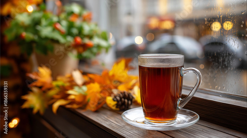 Hot steamy black tea in front window, autumn rainy day atmosphere, cozy environment emphasis, seasonal weather visualization, comfort beverage concept, hygge lifestyle aesthetic, with copy