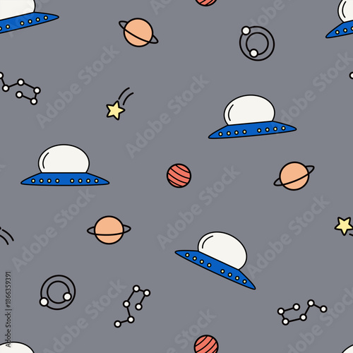 Cartoon space spaceship flying on space. Rocket ship and star travel seamless pattern around space and science them. Children`s bedroom, nursery, wallpaper, gift wrap, stationery, wrapping.