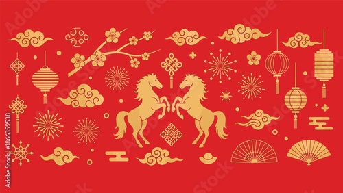 Auspicious Golden Horses and Traditional Cultural Symbols for Lunar Chinese New Year Celebration Design