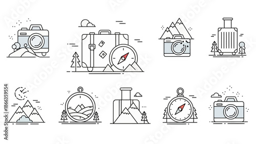 A collection of minimalist line art travel icons featuring cameras, suitcases, mountains, compasses, and trees, representing adventure and exploration.