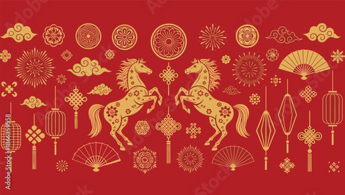 Vibrant Golden Horses and Intricate Traditional Decorations Adorn a Festive Red Background for Lunar Chinese New Year Celebrations