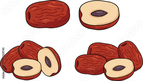 Dates fruit illustration set, whole and sliced dates, dried sweet fruit collection, healthy food concept, flat cartoon style