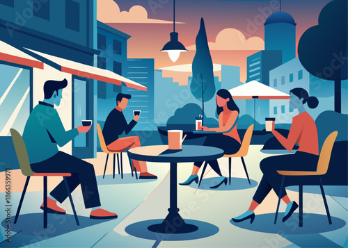 People sitting at tables outside a cafe in a city during sunset hours with buildings and umbrellas nearby