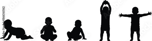 Baby growth stages silhouette, infant development progression, crawling sitting standing child, toddler milestones concept, black silhouettes isolated on white