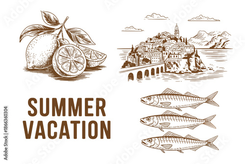 Amalfi style summer vacation poster set with hand drawn line art illustrations of the Italian coast, sea life, lemons, and fish, ideal for vintage travel posters, cafe decor