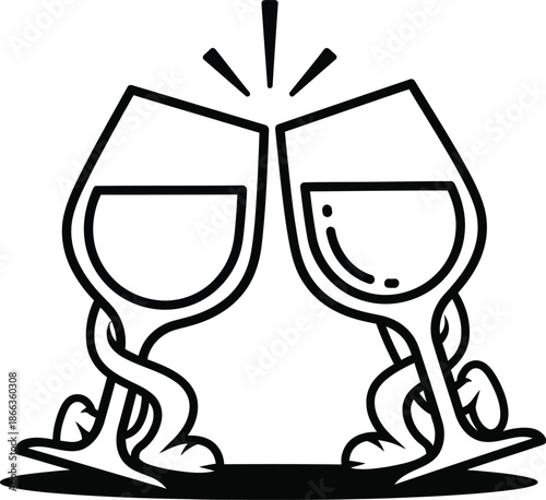A cheerful toast with two stylized wine glasses clinking together in celebration