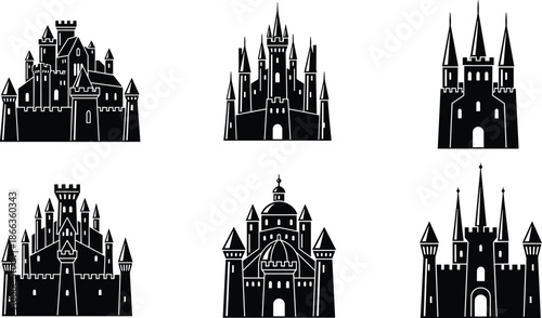 Castle silhouette, medieval fortress, fantasy architecture, black tower, gothic palace, historic building, fairytale castle, vector icon, isolated design, illustration