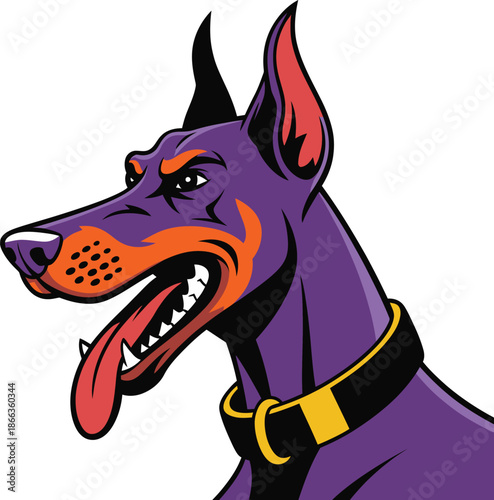 Vibrant cartoon Doberman pinscher with spiked collar