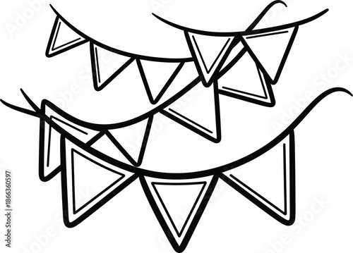Simple black outline drawing of festive bunting flags for party decorations and celebrations