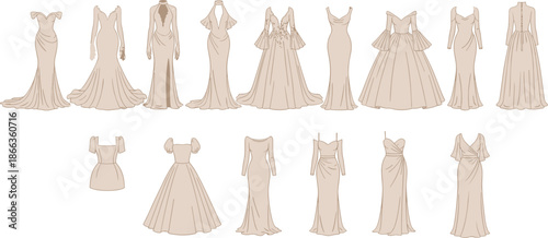 Elegant evening gown sketches collection, fashion illustration set showcasing bridal dresses, formal wear designs, couture silhouettes, luxury apparel concepts