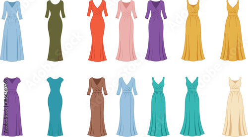 Elegant women dress collection illustration, colorful evening gowns, fashion design silhouettes, long dresses, modern apparel set, vector style