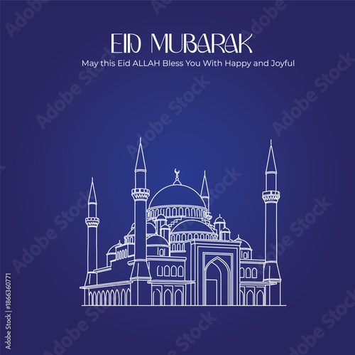 Eid Mubarak Islamic Mosque Line Art Vector Illustration on Blue Background