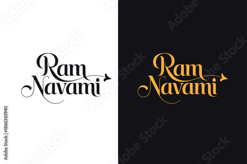 Ram navami festival greeting card with elegant typography and decorative design elements in black and gold colors