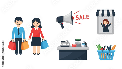A collection of flat design icons representing various aspects of shopping, retail, and consumerism, including shoppers, sales, stores, checkout, and groceries.