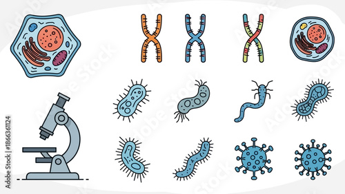 A collection of scientific illustrations featuring various biological elements like cells, chromosomes, bacteria, viruses, and a microscope.