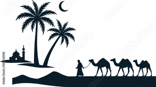Vector illustration of a camel silhouette in a tropical desert landscape with sand dunes and palm trees under a summer sunset sky