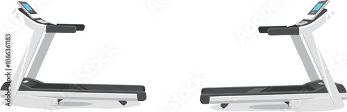 Modern treadmill fitness equipment illustration, side view gym running machine, home workout cardio technology isolated on white background vector design