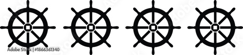 Nautical ship wheel icons, maritime steering helm symbols, repeated black silhouettes, marine navigation design, sailing concept, isolated white background