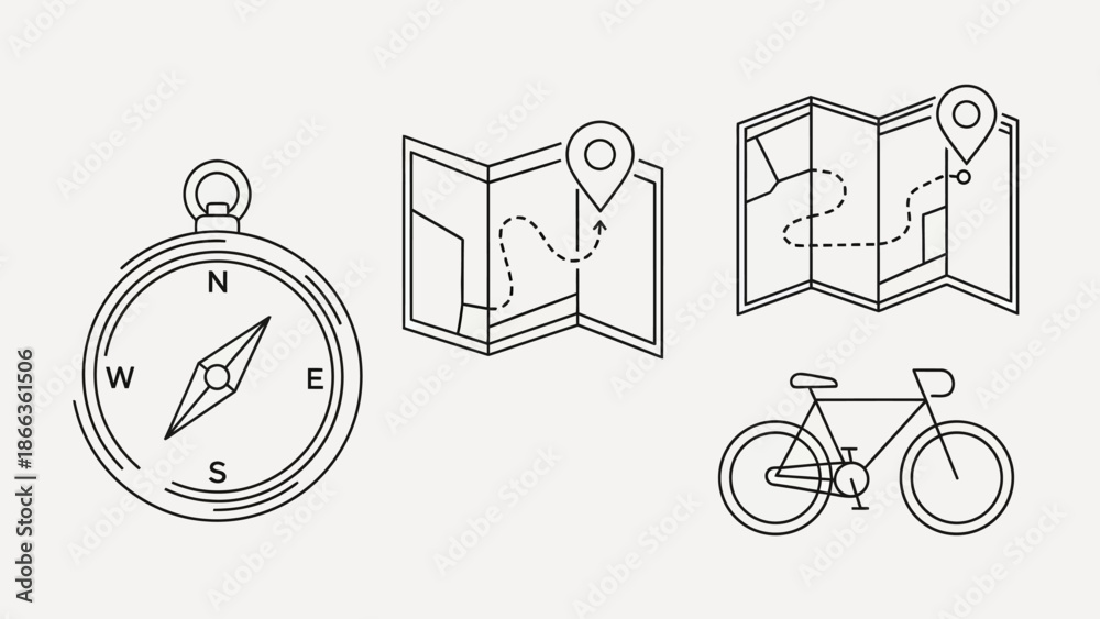 Fototapeta premium Line art icons depicting navigation tools like a compass and maps, along with a bicycle, suggesting travel and outdoor exploration.
