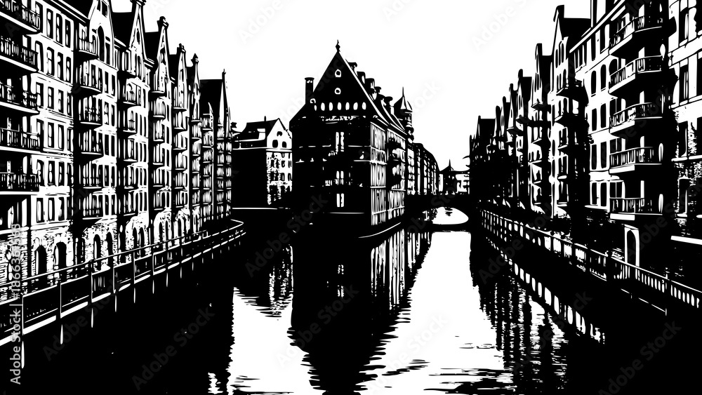 Fototapeta premium Very beautiful view of Nikolaifleet in Speicherstadt, Hamburg, Germany, featuring historic warehouses, calm canals, and reflections that highlight the city’s maritime heritage and industrial beauty.