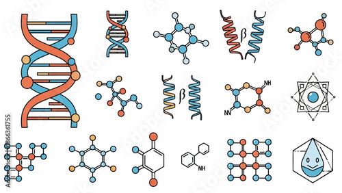 Collection of scientific icons and diagrams featuring DNA, molecular structures, and protein secondary structures, illustrating various biological and chemical concepts.
