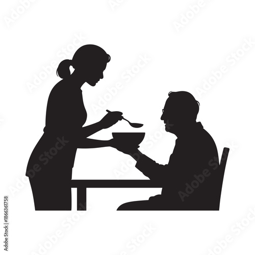 Silhouette of a caregiver feeding an elderly man at a dining table