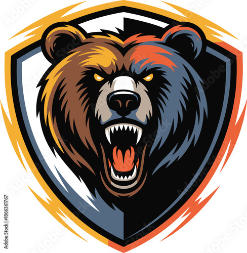Fierce bear head logo with shield emblem and vibrant colors