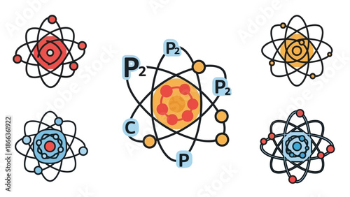 A collection of stylized atomic models with orbiting electrons, representing scientific concepts of matter and chemistry.