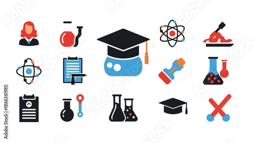 A diverse collection of flat design icons representing education, science, and laboratory equipment on a white background.