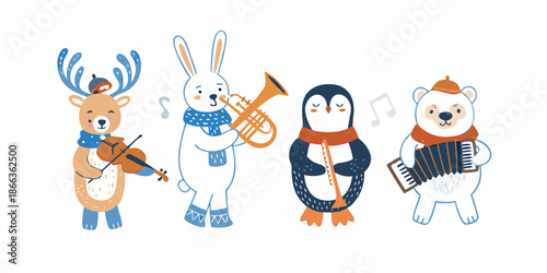 A charming winter scene features animals playing various musical instruments together