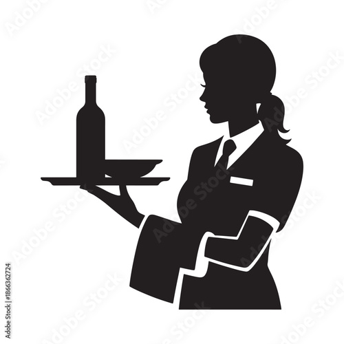 A silhouette of a waitress carrying a tray with a bottle and dish