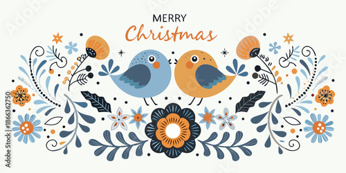 Festive christmas illustration featuring two adorable birds and floral decorations