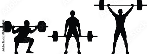 Weightlifting silhouettes showing squat deadlift and overhead press strength training workout, fitness athletes lifting barbells illustration gym power exercise concept
