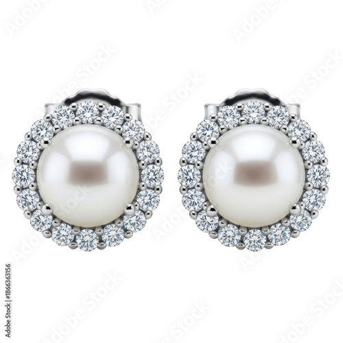 Pair of white pearl and diamond halo stud earrings on black background jewelry