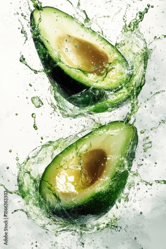 flying avocado halves with seed and oil splash, isolated on white background