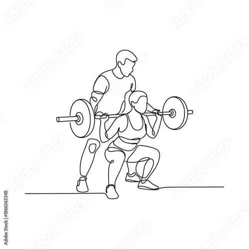 Line art illustration of a woman performing a barbell squat with a trainer