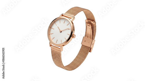Foto Rose gold mesh band watch with white dial and rose gold case wrist timepiece