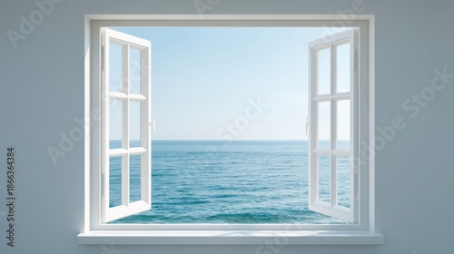 Bright Open Window with Soft Sunlight Overlooking a Calm Ocean View in Serene Atmosphere
