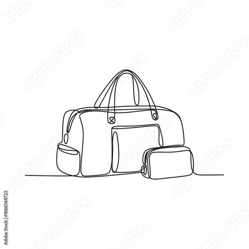 A continuous line drawing of a travel bag with smaller accessory pouches