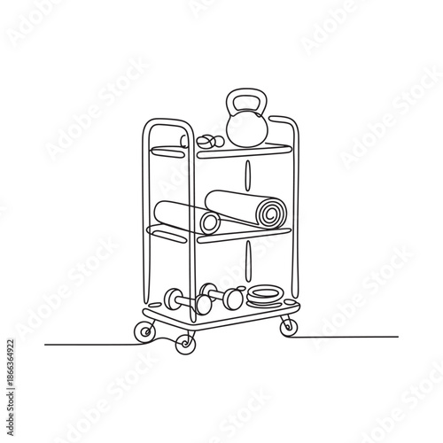 Minimalist line drawing of a fitness equipment storage cart with weights and mats