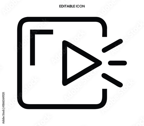 Black outline icon displaying a play button exiting a square frame with radiating lines