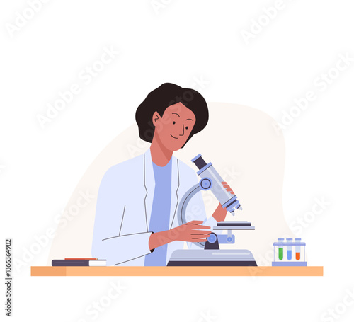 Scientist with microscope. Woman in lab coat looks into a microscope conducting medical or chemical research or analysis
